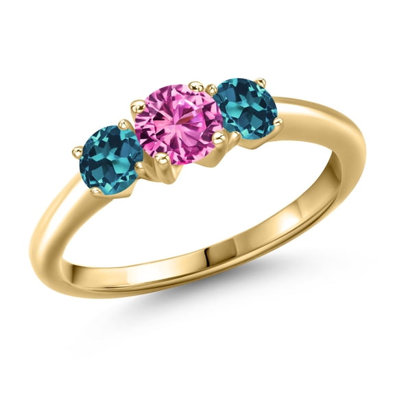 Gem Stone King 10K Yellow Gold Pink Created Sapphire and London Blue Topaz Engagement Ring for Women | 1.21 Cttw | Round 5MM | Gemstone September Birthstone | Size 8