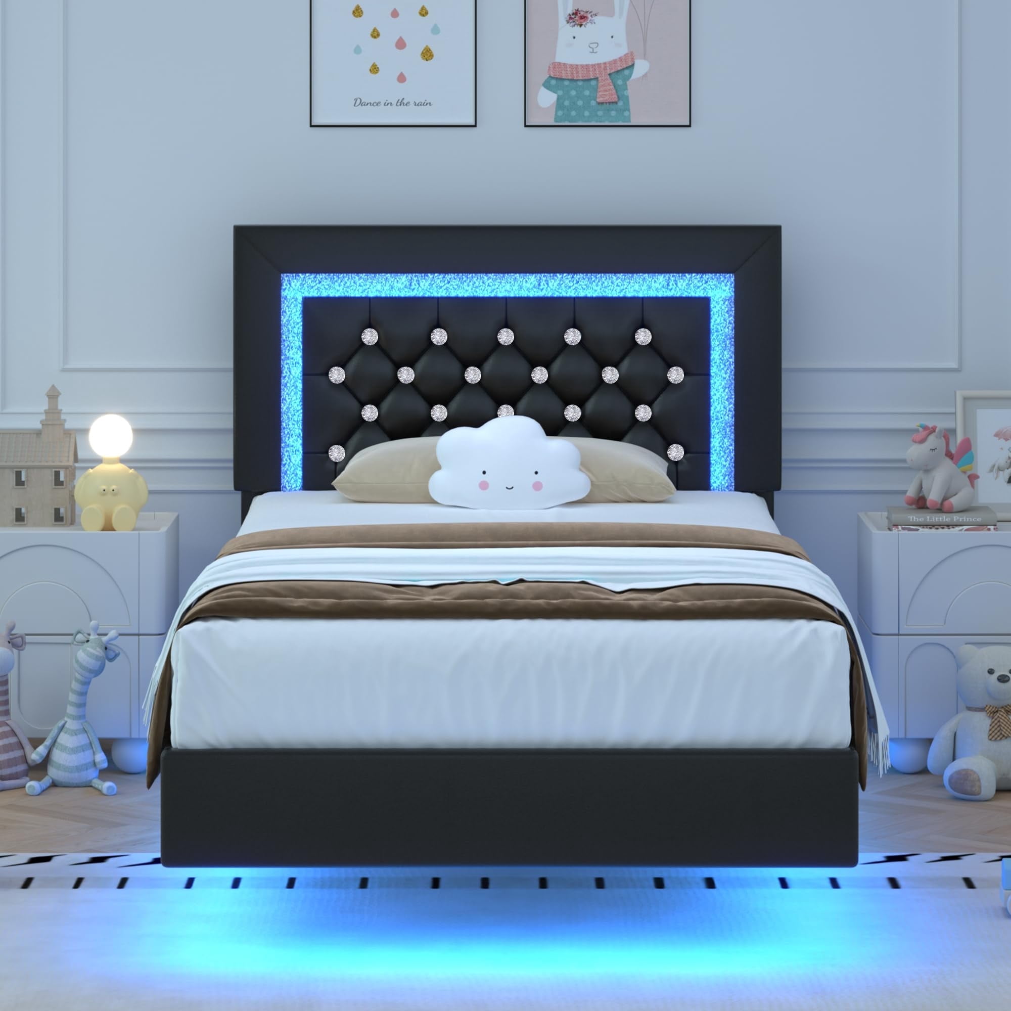 4 Ever Winner Twin Floating Bed Frame with LED Lights, LED Upholstered Platform Bed Frame with Diamond Tufted Headboard, Black LED Bed Frame for Bedroom, Black