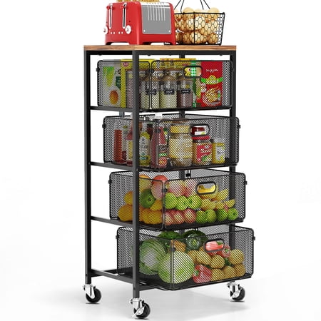 SUANLLY Rolling Cart with Drawers, 4-Drawer Metal Utility Cart with Wooden Tabletop, Storage Organizer Art Cart on Wheels for Kitchen, Home, Office, School, Black