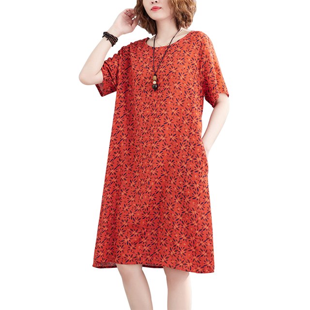 Vestido suelto de mujer Vestido bohemio con estampado floral con bolsillos Manga corta Cuello r Abanopi Vestido
