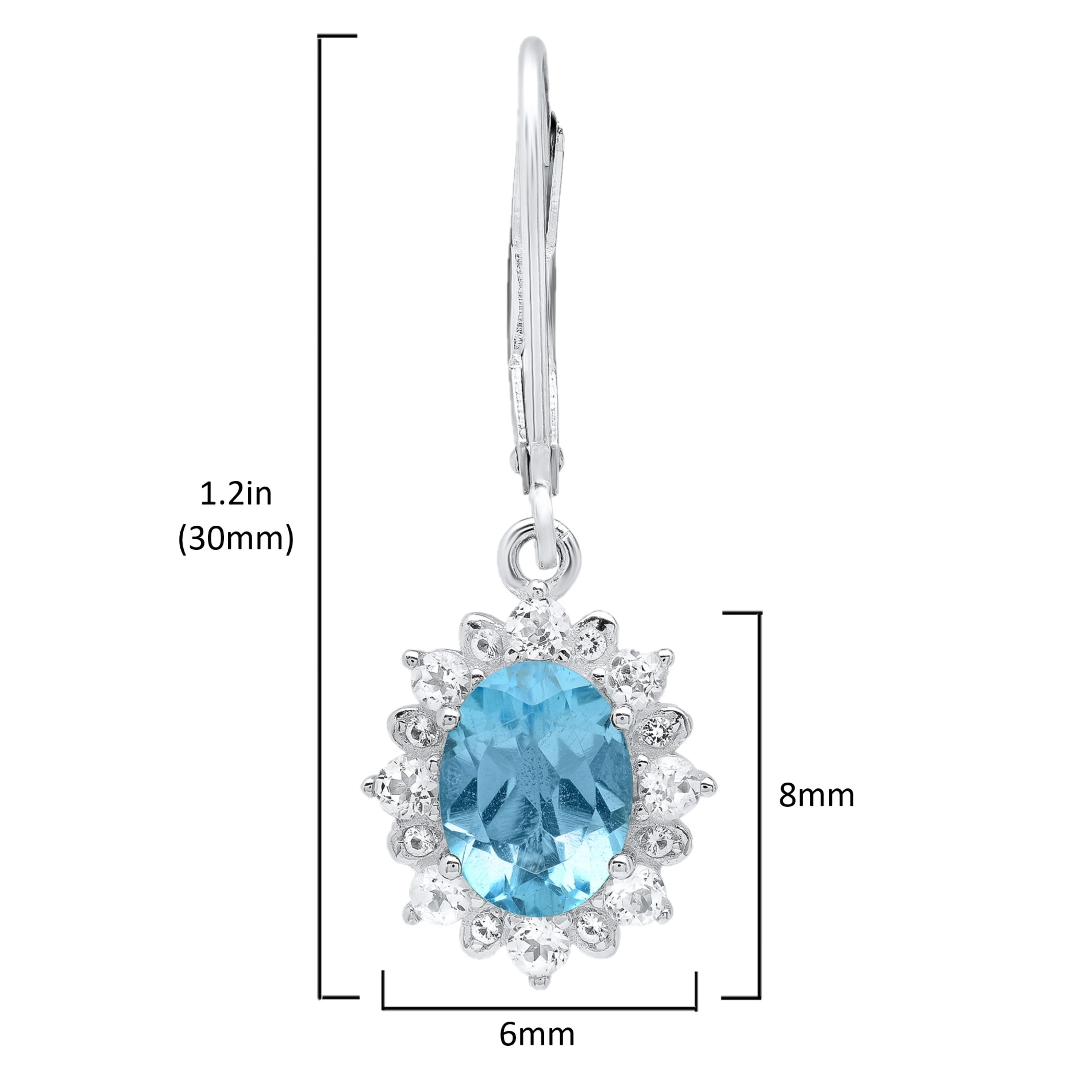925 Sterling Silver Halo Sunburst Swiss Blue Topaz Oval Dangle Earrings for Women 8x6mm December Birthstone with Leverback White Topaz Accent Stones by MAX + STONE