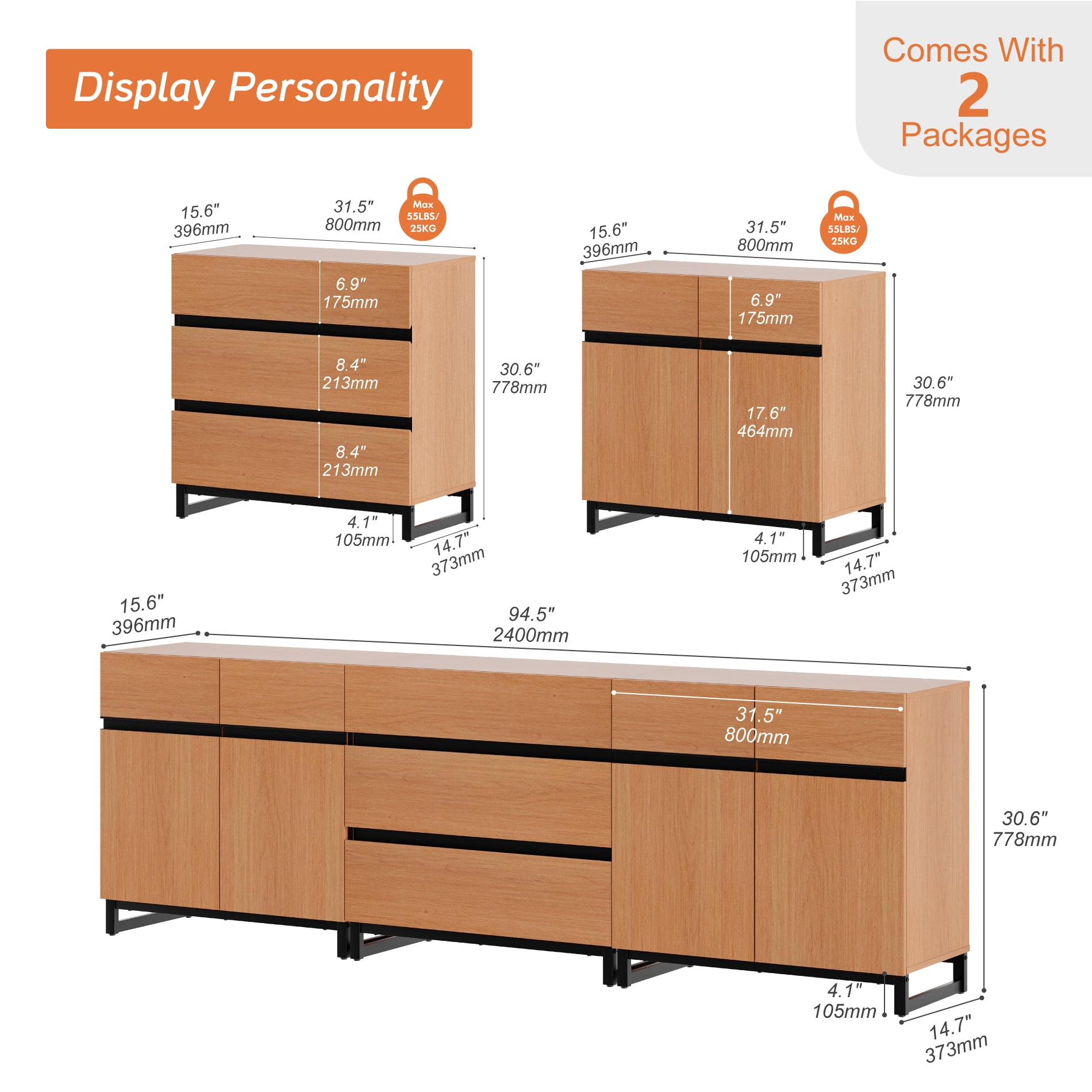 WAMPAT 3-in-1 Modern TV Stand for TVs up to 100 Inch，3 Drawers & Adjustable Shelves Media Console， Entertainment Center for Living Room & Bedroom