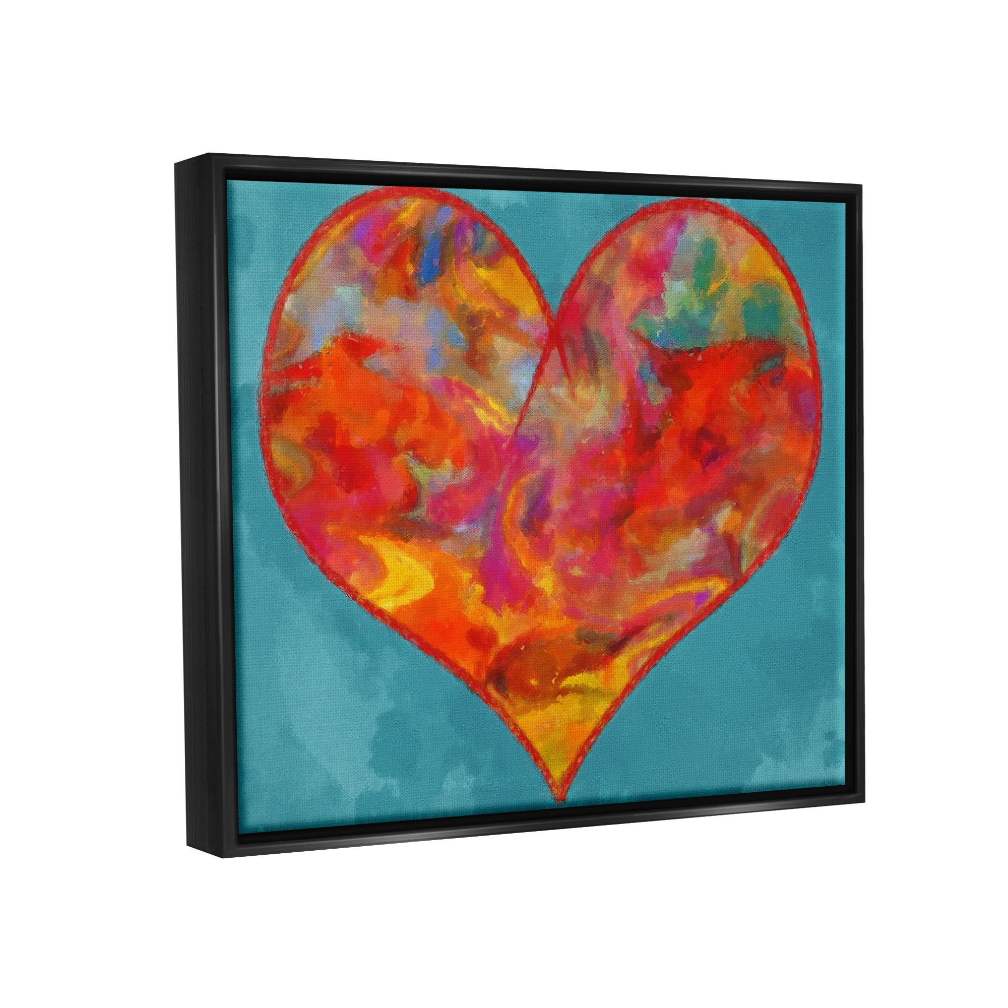 Stupell Industries Modern Heart on Blue Abstract Painting Black Floater Framed Canvas Art Print Wall Art, 21 x 17