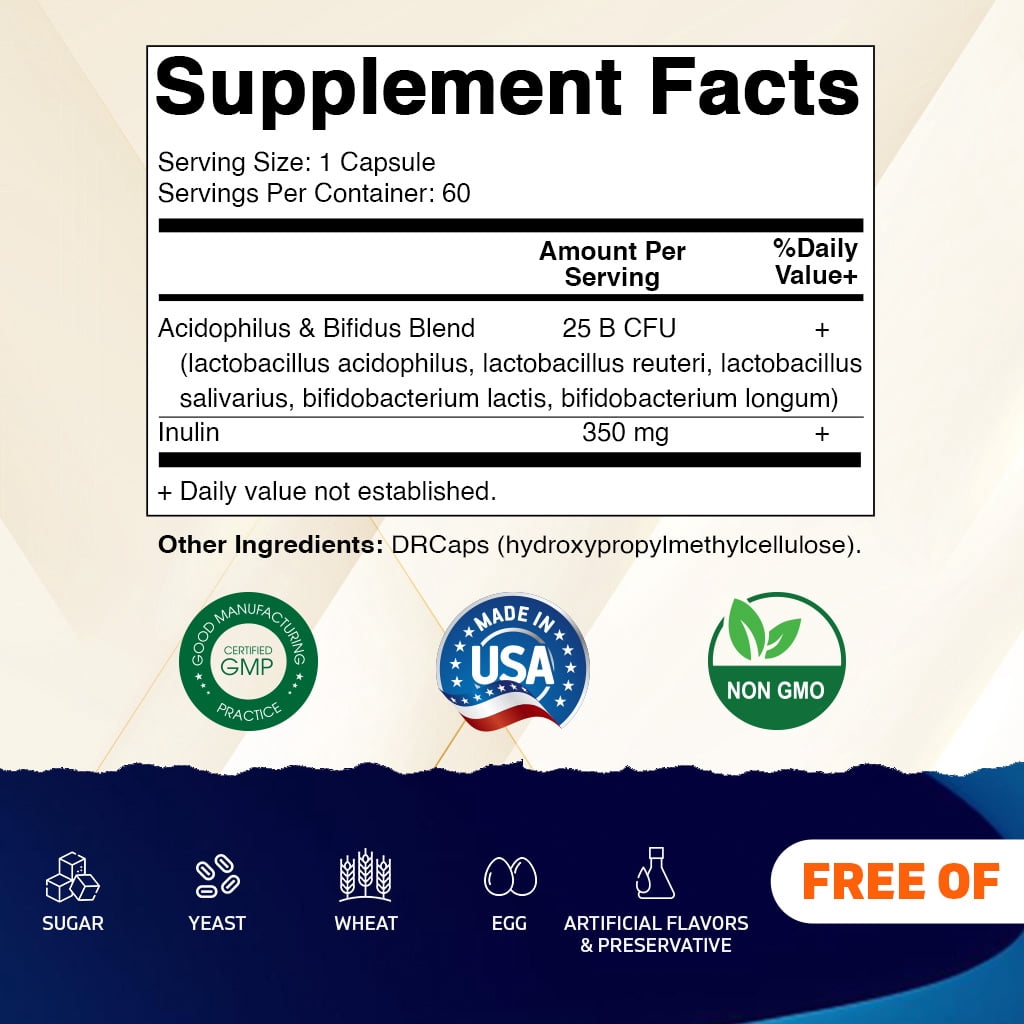 (3 pack) Vitamatic Acidophilus Bifidus 25 Billion DR Capsule - 60 Count - Digestive Support - Made with Prebiotic Inulin Fiber