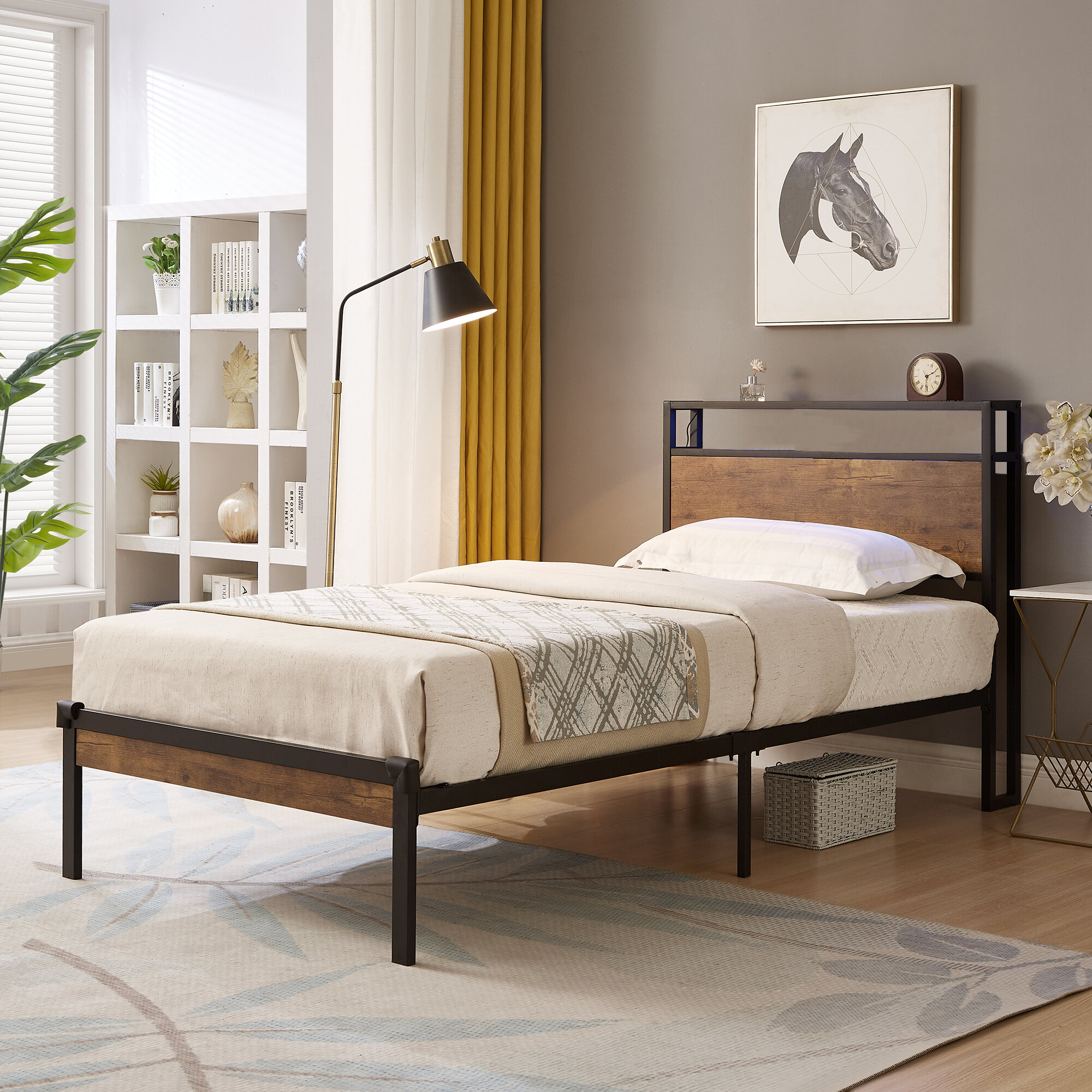 Twin Size Adjustable Bed Base, Twin Size Metal Platform Bed Frame with Wooden Headboard and Footboard with USB LINER, No Box Spring Needed, Under Bed Storage, Easy Assemble, Black+Brown Bed Frames