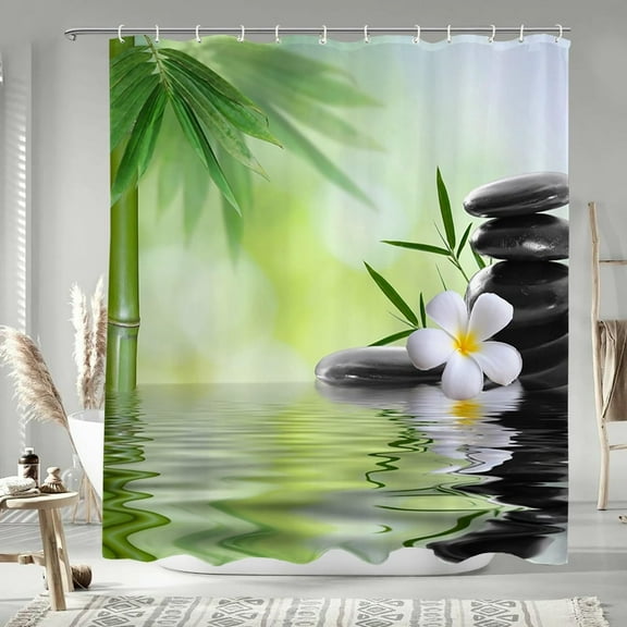 Japanese Spa Themed Fabric Shower Curtains Bamboo Stone Streaming Polyester Bathtub Curtain Japan Holiday Stall Size Shower Curtain for Kids Bathroom Decor Waterproof with Hooks,72x72 Inch
