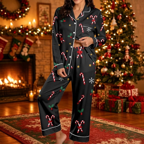 FASHOFT Christmas Pajamas for Women Set Silk Satin Xmas Print Button up Shirts and Pants 2 Piece Christmas Pjs Soft Holiday Long Sleeve Sleepwear Loungewear L