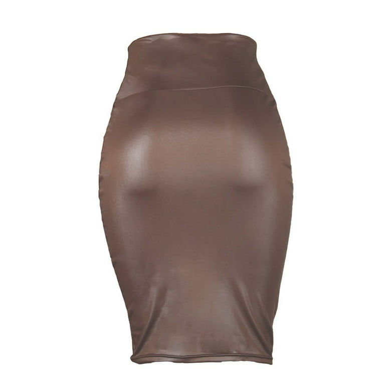 JWZUY Faux Leather Skirt High Waist Lady's Bodycon Slim Fit Midi Hip Skirt  Coffee XXL 