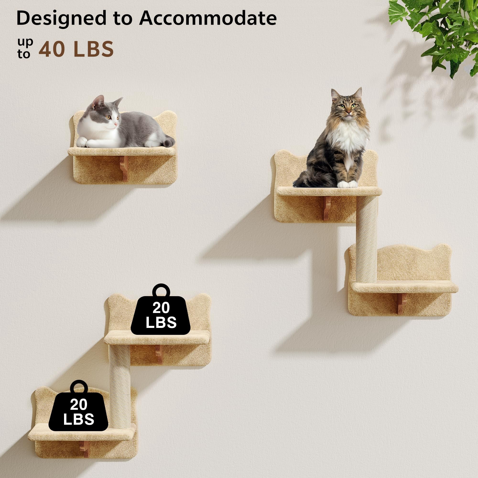 9-in-1 Cat Wall Shelves  Stable & Safe Mounted Cats Shelf Furniture Set With Plush Fabric Wooden Climbing Systems Bridge Ladder Floor Space-saving Beige