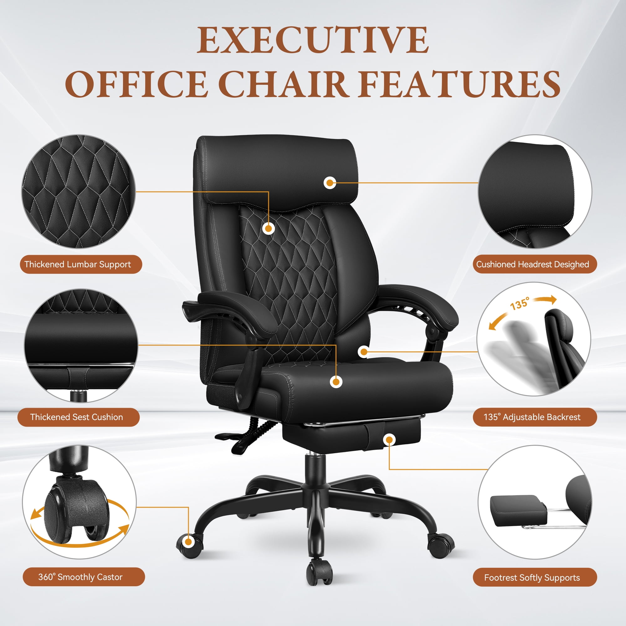 FASTES Executive Office Chair, Ergonomic Desk Chair with Adjustable Armrests, Big and Tall Office Chair Computer Leather Chair with Footrest and Lumbar Support, Black