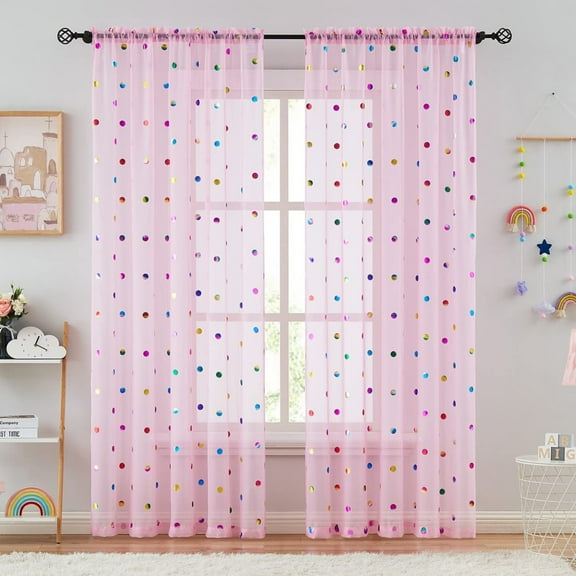 Bazaahm Sheer Curtain Panels Pink with Colorful Metallic Polka Dots for Living Room Kids Bedroom 52"W x 95"L Linen Rod Pocket Window Drapes, 2pcs