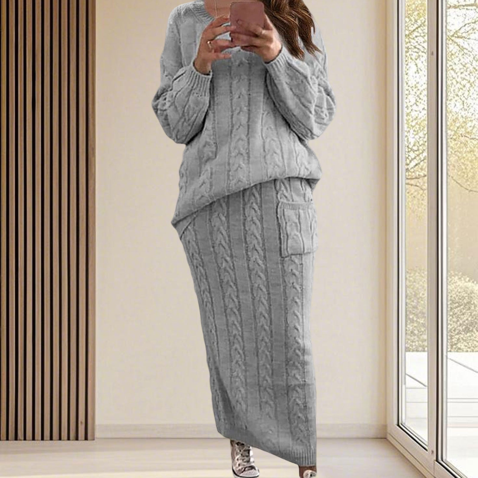 Women's Winter Cable Knit Sweater and Long Skirt Two-Piece Set
