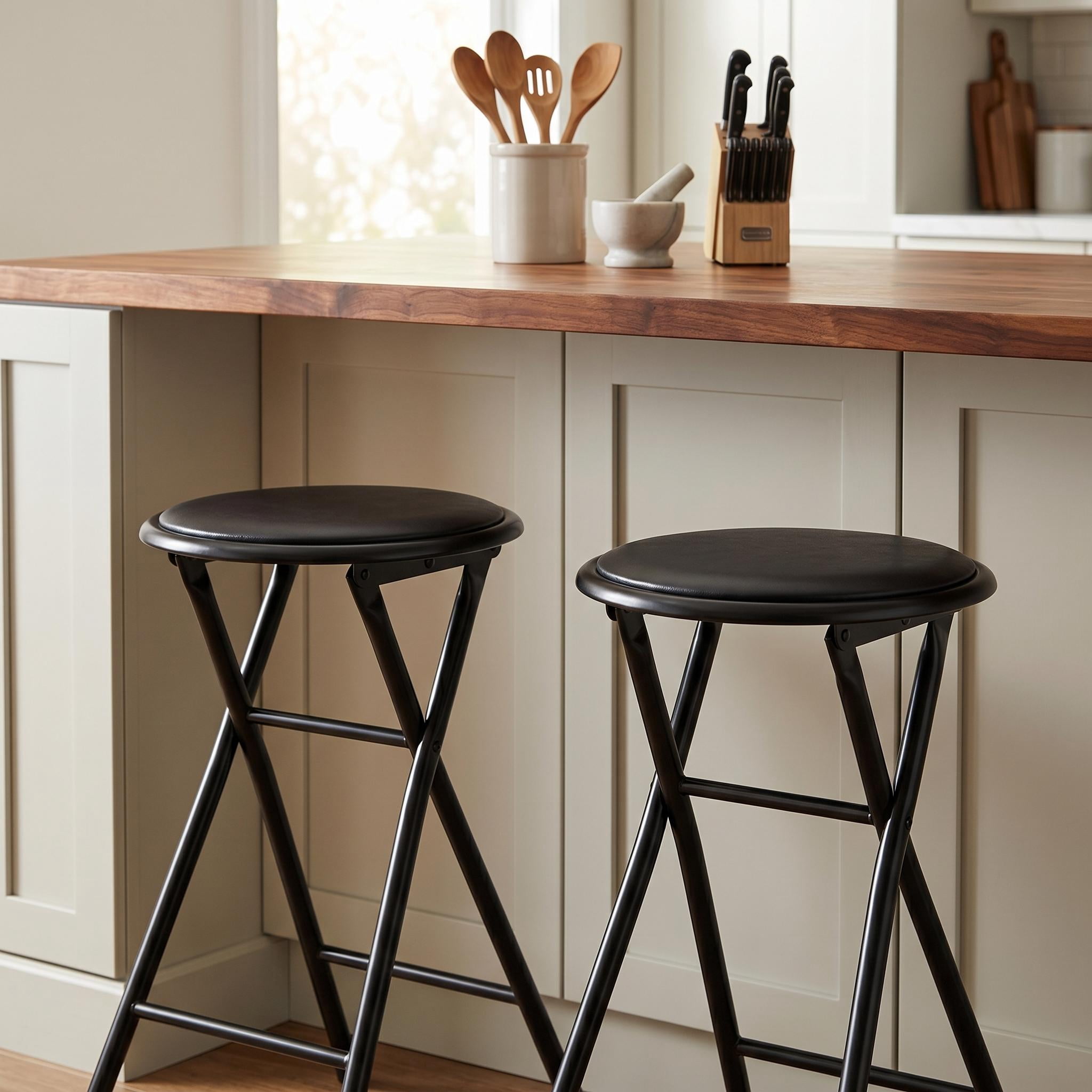 Homy Casa 2-Pack Folding Stools with Padded Round Seat, Black Metal Frame, Portable Space-Saving Design