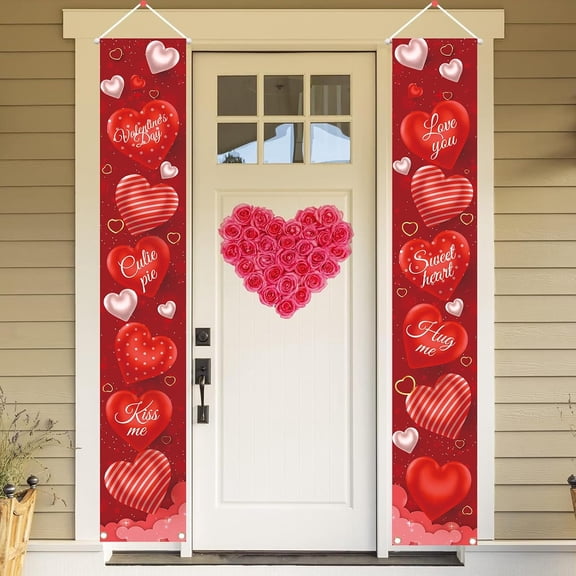 Valentine''s Day Door Banner Decoration, Valentine Hanging Front Porch Welcome Sign Red Buffalo Plaid Love Heart Banner Romantic for the Home Wall School Office Indoor Outdoor Party Supplies Decor