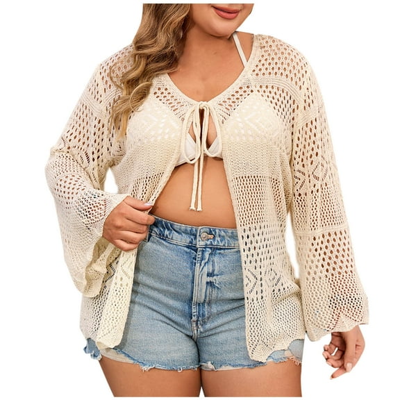 UAMVSH Plus Size Cardigans for Women Fashion Beach Vacation Cover Ups Tie Front Hollow out Knitted Sweaters Long Bell Sleeve Casual Beachwear(X-Large,Beige)