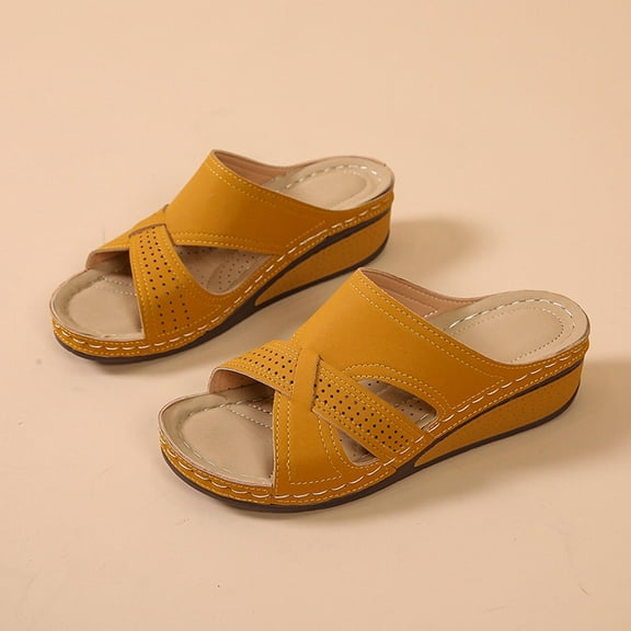 KBODIU Women's Sandals, Women Orthopedic Sandals with Arch Support Wedge Heel Flat Open Toe Sandals Vintage Cutout Slippers Summer Beach Sandals Wedge Shoes Yellow 36