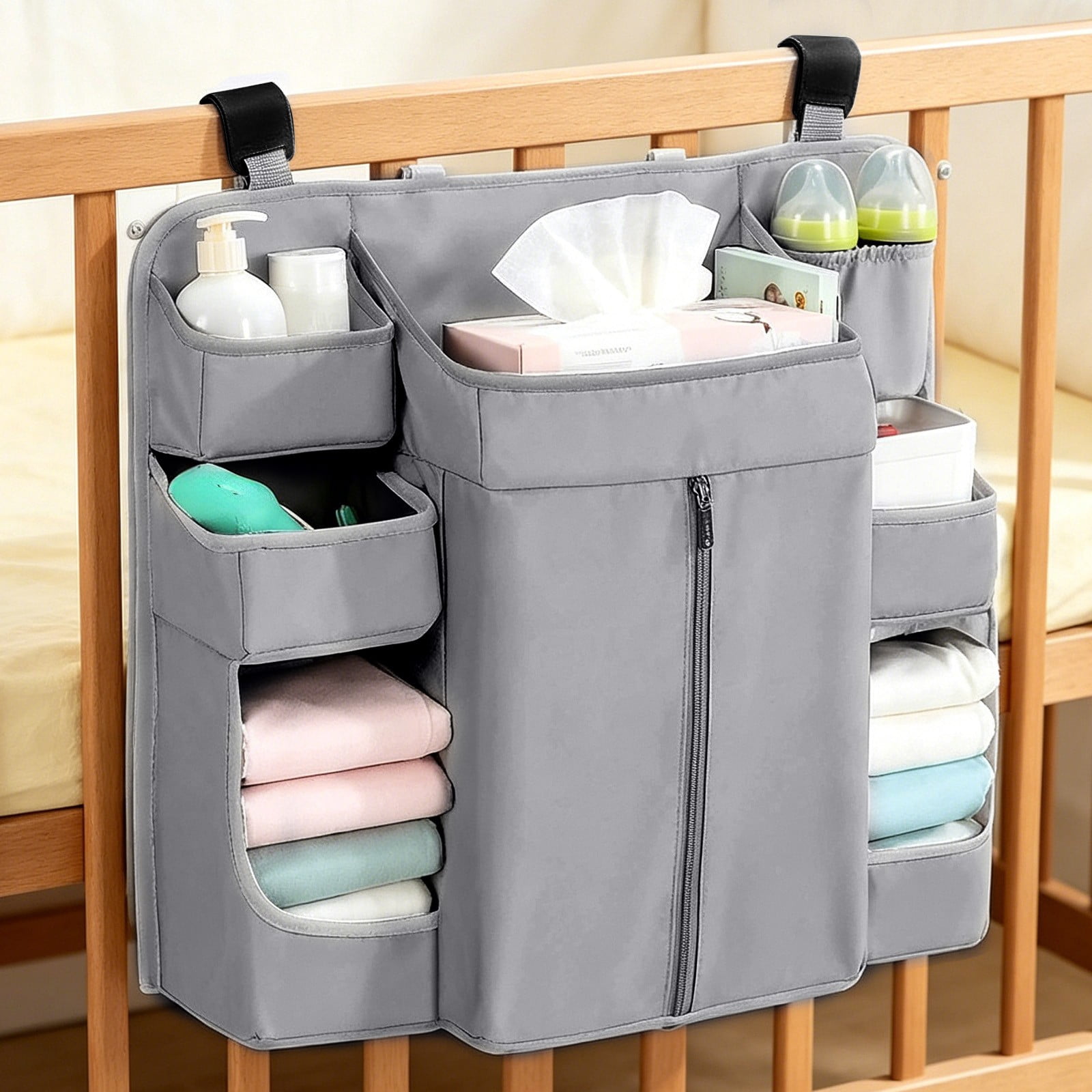 Snmubt Dark Gray Nursery Storage Rack, Hanging Diaper Organizer Bag for Crib, Waterproof Oxford Multi-Pocket for Portable Changing Table