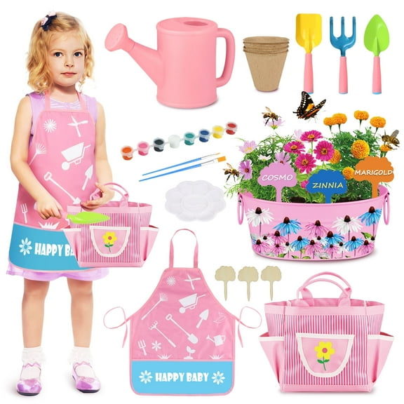 Huge Wave Kids Pink Gardening Tools Set, Outdoor Toys Set Backyard Play with Tote Bag,Watering Can, Shovel, Apron, DIY Kits, Spring Summer Gift for Toddler Boys Girls