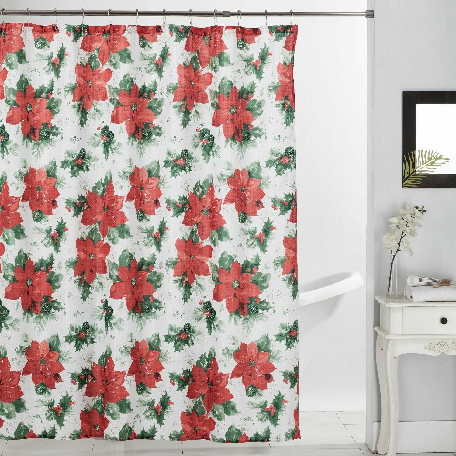 13 PC Christmas Shower Curtain Set with Metal Roller Hooks Dobby ...