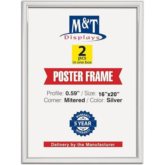 M&T Displays Snap Poster Frame 16x20 Inch Silver 0.59" Aluminum Profile Front Loading Wall Mounting Picture Photo Document Certificate Sign Holder Mitered Corner Anti Glare Cover (2 pack)