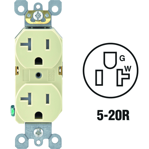 Leviton 20A Duplex Receptacle in Ivory — UL Listed for US Residential Electrical Code Compliance, Drop-in NEC-Standard Wiring