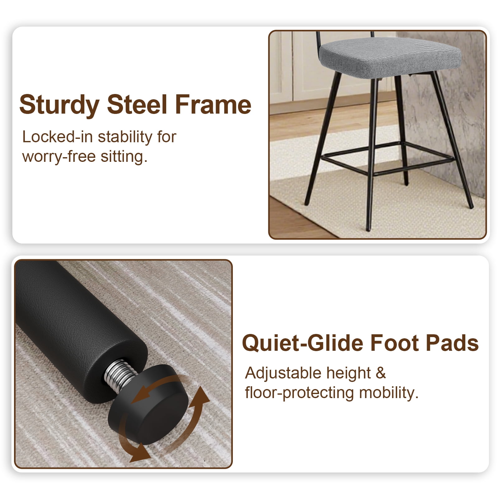 Hommpa Swivel Bar Stools Set of 3 Counter Height Barstools 26" Gray Linen Fabric Upholstered Kitchen Counter Stools with Backs, Metal Legs, Footrest and Wide Seat