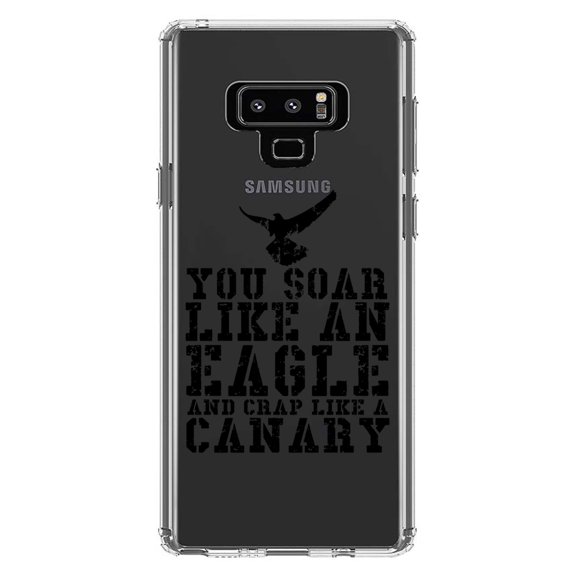 DistinctInk Clear Shockproof Hybrid Case for Samsung Galaxy Note 9 - TPU Bumper Acrylic Back Tempered Glass Screen Protector - Soar Like Eagle, Crap Like a Canary