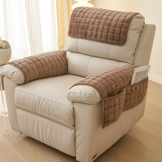 Meitianfacai Autumn Winter Flannel Sofa Armrest Cover Coffee Color Extra Long Non-Slip Furniture Protector With PTexture For Recliners And Couches (Brown)