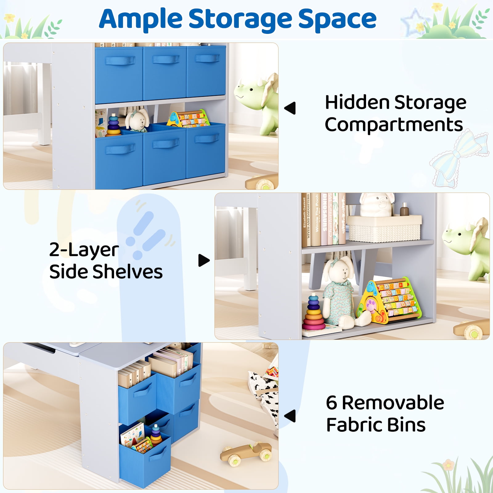 Arlopu 3 in 1 Kids Drawing Table & Chair Set Wooden Activity Craft Table with Art Easel Adjustable Tilt, 6 Storage Bins, 6 Paint Cup