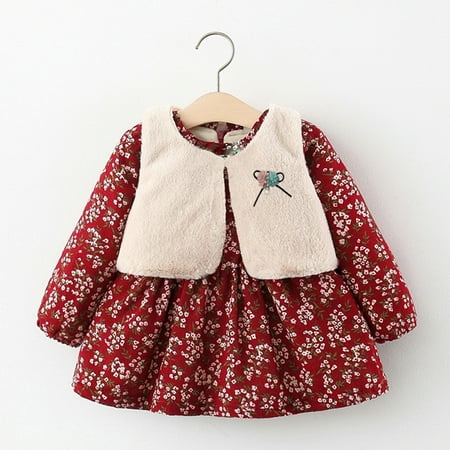 

Baby Kids Girls Thicken Keep Warm Jacket Vest+Flower Dress Set Outfit