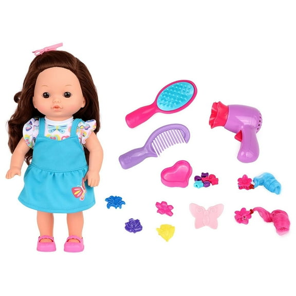 Dream Collection: Hairstylist Play Set - 12" Brunette Doll - Blue & Butterflies, Salon Beauty Toy Set, Sounds Blow Dryer, Hair Accessories, Kids 3 