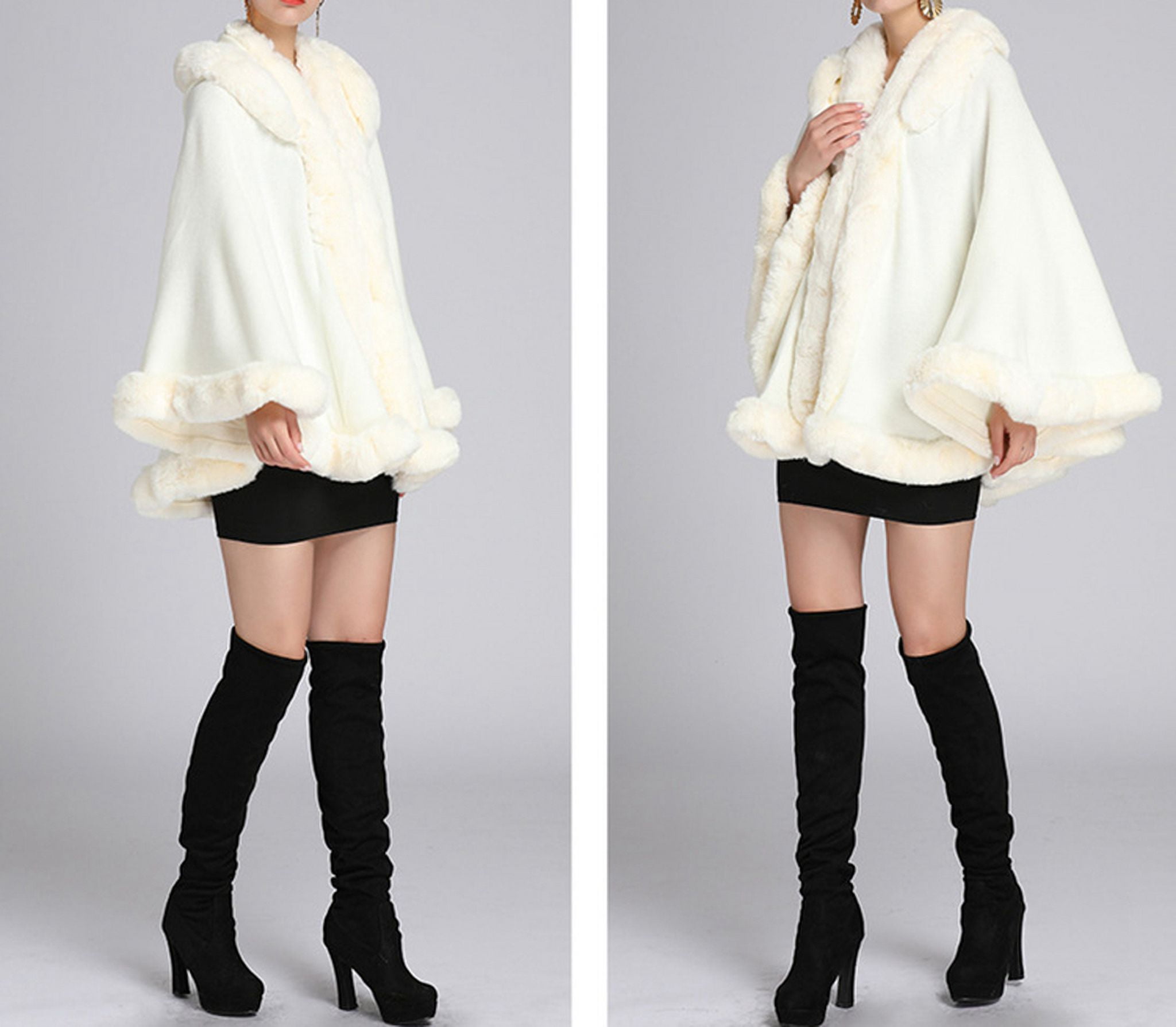 DJBM V-neck Hooded Faux Fur Cloak Fluffy Thermal Casual Bat