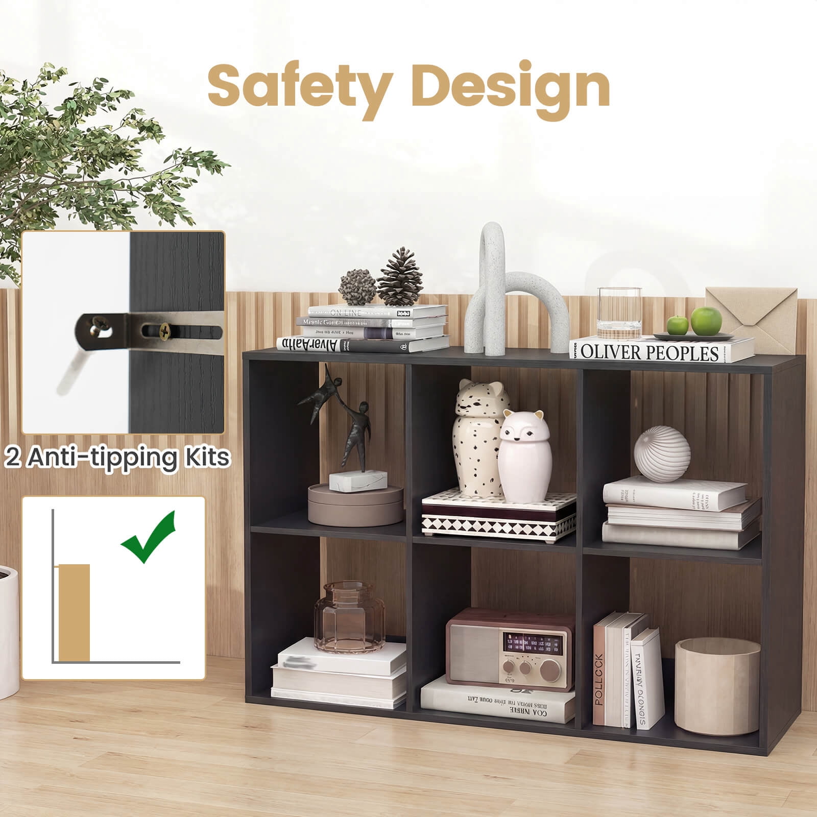 Costway 6-Cube Bookshelf, Modern Cubby Bookcase with Back Guardrail & Anti-tipping Kits Black