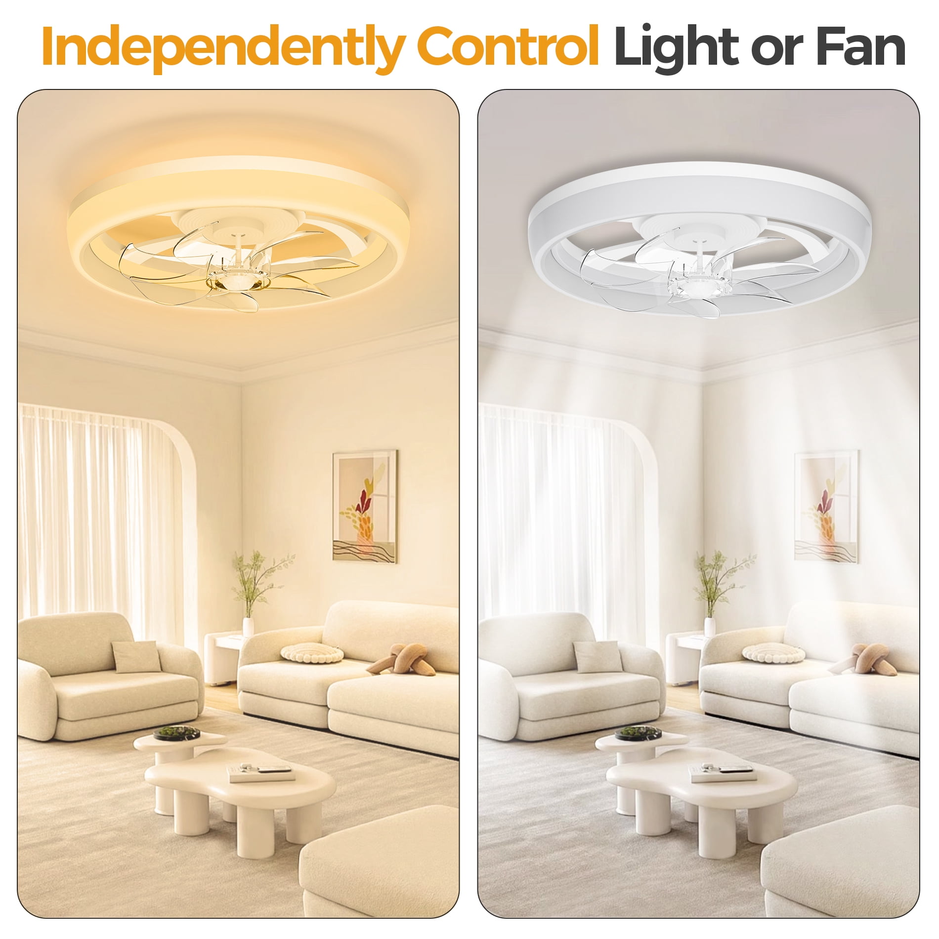 SKVEVN 19" Ceiling Fan with Light - 3 Colors Lighting, 6 Wind Speeds, Remote Control&APP, Modern Dimmable LED, Smart Ceiling Fan for Bedroom(White)
