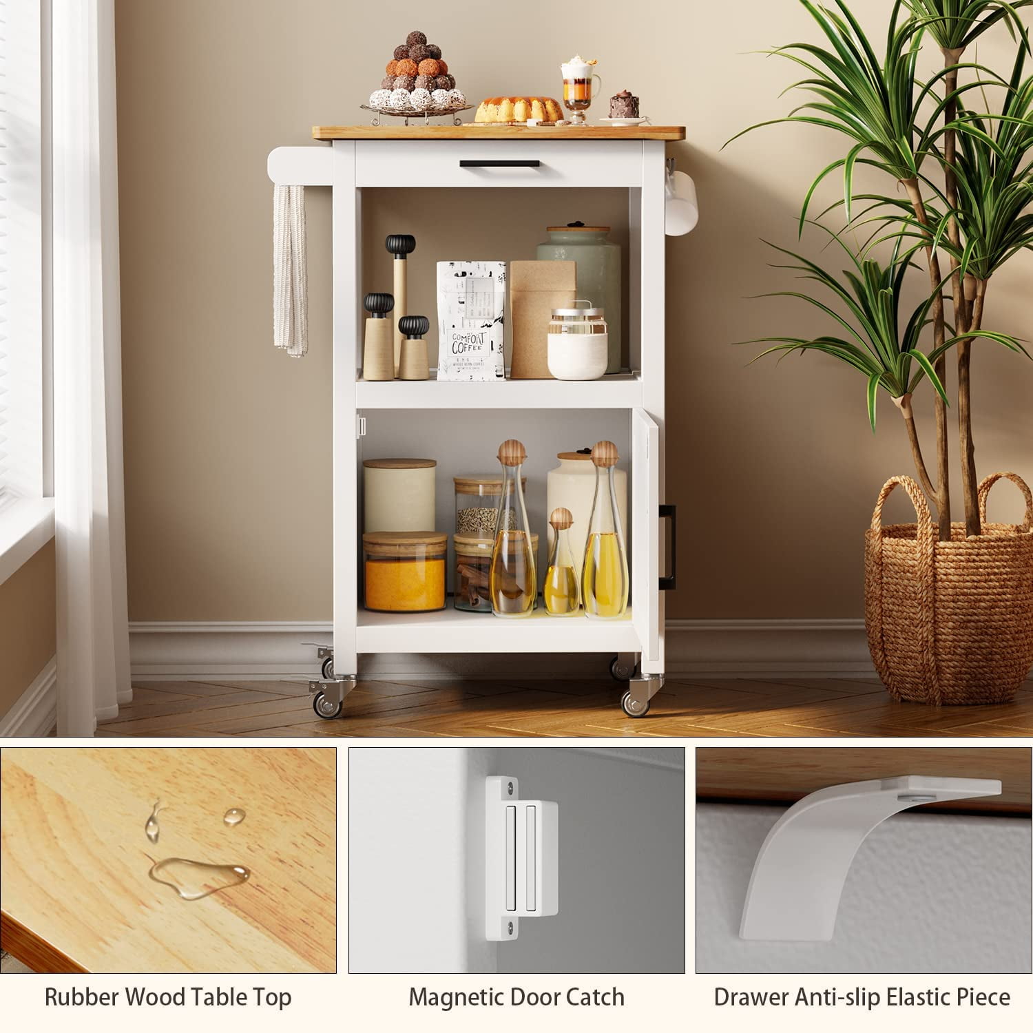 Microwave Stand, Lofka Kitchen Island Cart with Cabinet, Microwave Cart with Storage Drawer, Towel Rack, Hooks, White(Carrito de isla de cocina)