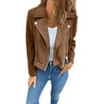 thumbnail image 3 of Women's Cropped Suede Biker Jacket, Lapel Collar Zipper Jacket, Short Slim Fit Jacket, Winter Slim Motorcycle Jacket, Casual Leather Look Jacket, Fall Outfits, Cropped Outerwear Coffee L, 3 of 6