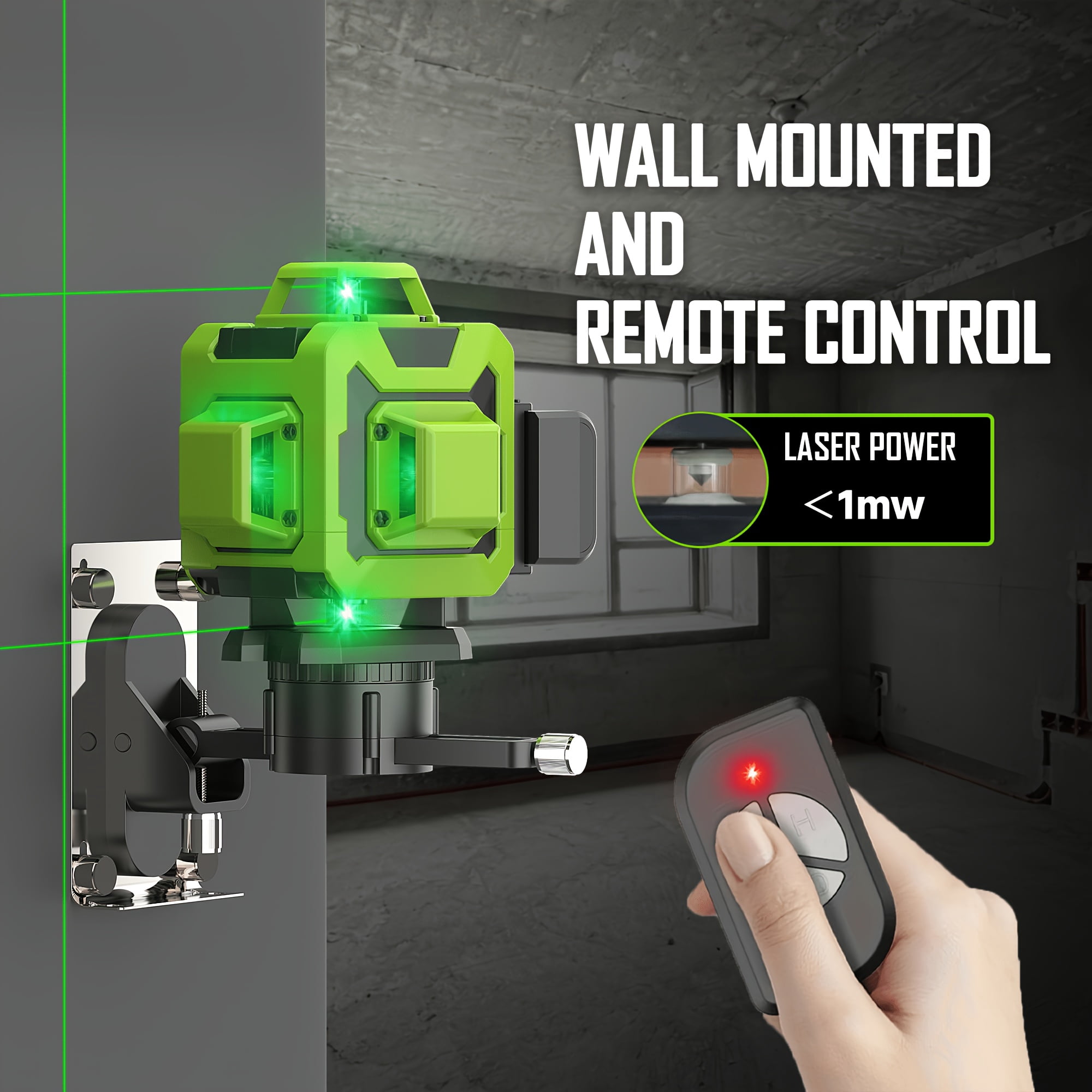 L-Fine Laser Level 16 Line 360 Self Leveling 4D Green Cross Line Adjustable Brightness Remote Control 65 ft