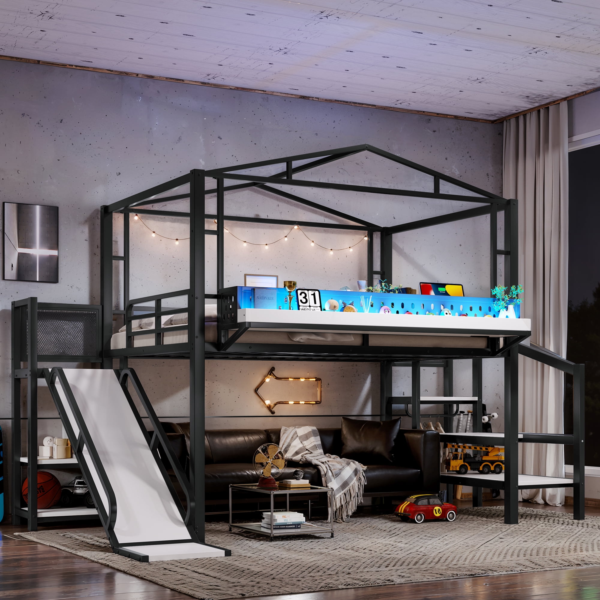 Aukfa Full Size Loft Bed with Storage Stairs, Slide, Shelves, USB Ports and LED Lights, Metal Loft Bed for Kids, Noise-Reduced Design, Black