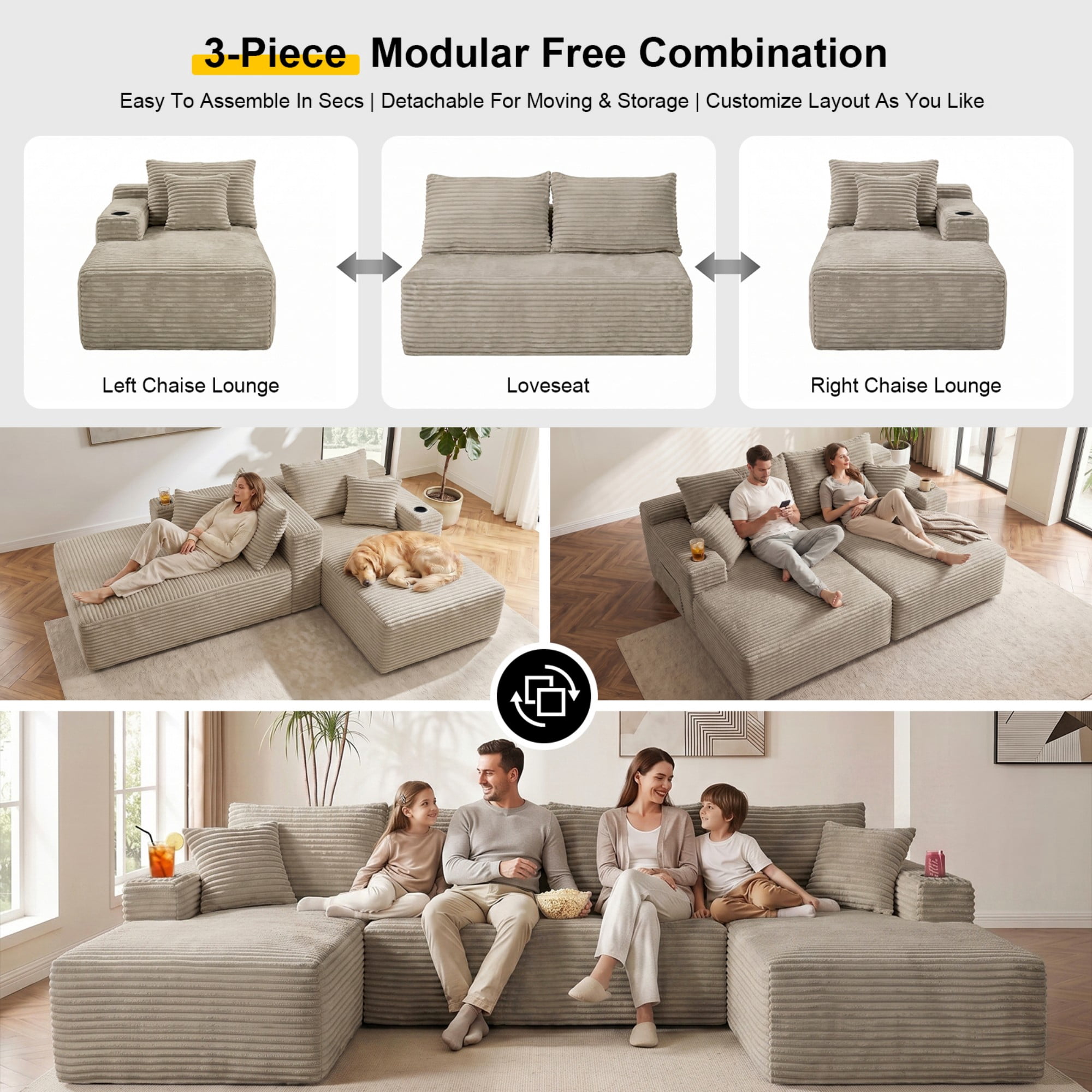 DEALTOPS 134" Corduroy U-Shape Modular Cloud Couch, Double Chaise Sectional Sofa with Cup Holders, Beige