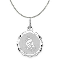 Carat in Karats Sterling Silver Polished Finish Rhodium-Plated Praying Hands Disc Charm Pendant (22mm x 16mm) With Sterling Silver Rope Chain Necklace 20''