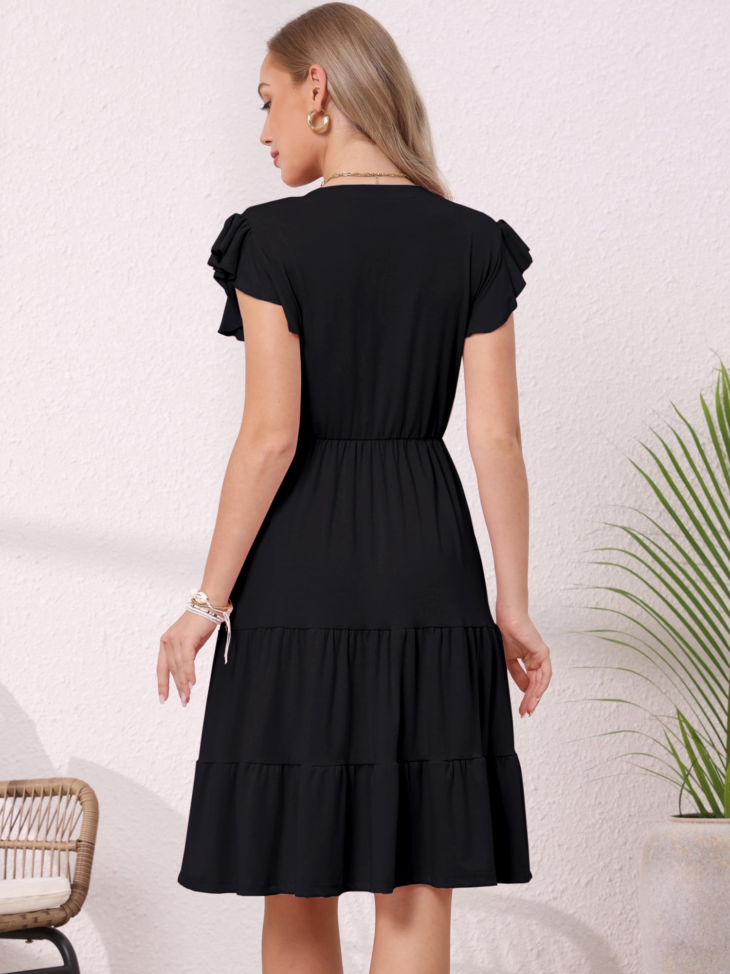 DARING DIVA Women's V Neck Ruffle Sleeve A-Line Flowy Tiered Design Dress L Black