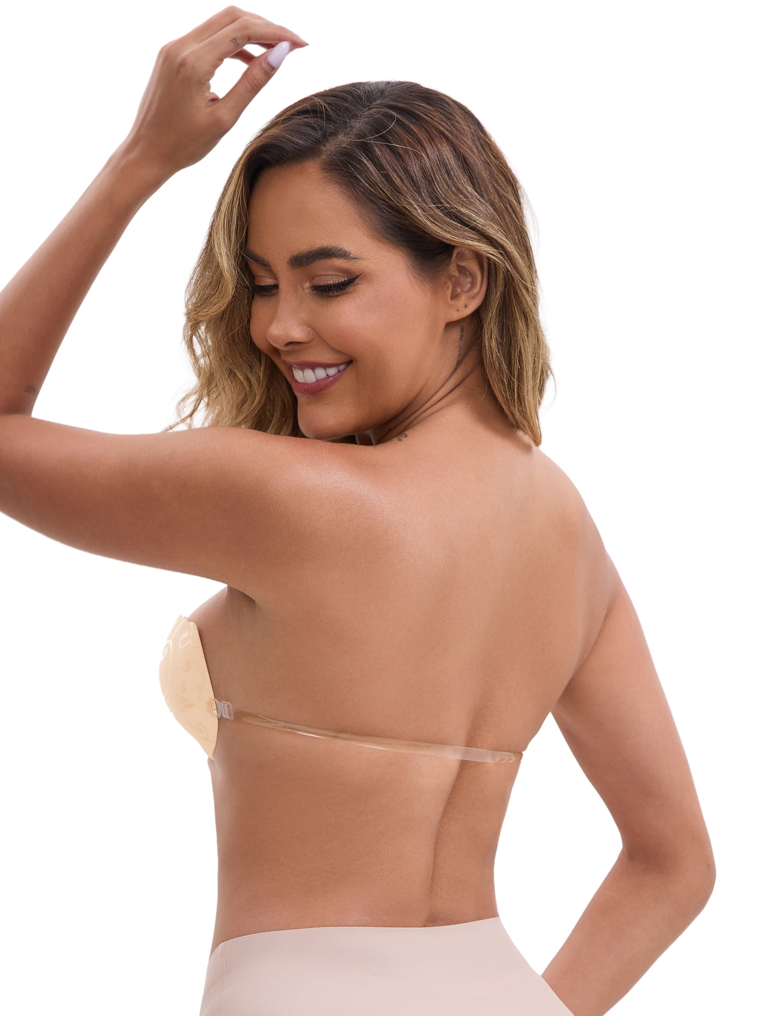 DARING DIVA Women's Lace Push Up Strapless Front Closure Anti-Slip Adhesive Bras S Beige
