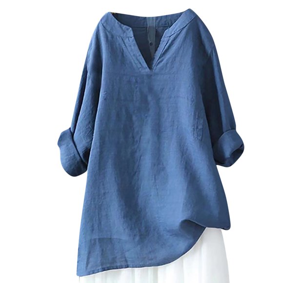 IROINID Économies Chemises Grande Taille pour Femmes Chemises en Coton pour Femmes Col Fendu Décontracté Manches Longues Chemises Amples en Coton et Lin Chemises d'Été Blouse, Bleu Clair