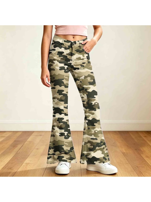Girls Flare Pants with Pockets, Loose Fit High Rise Camo Print Lightweight Button Zip Bell Bottom Trousers for Street Daily Wear Green Size 11-12