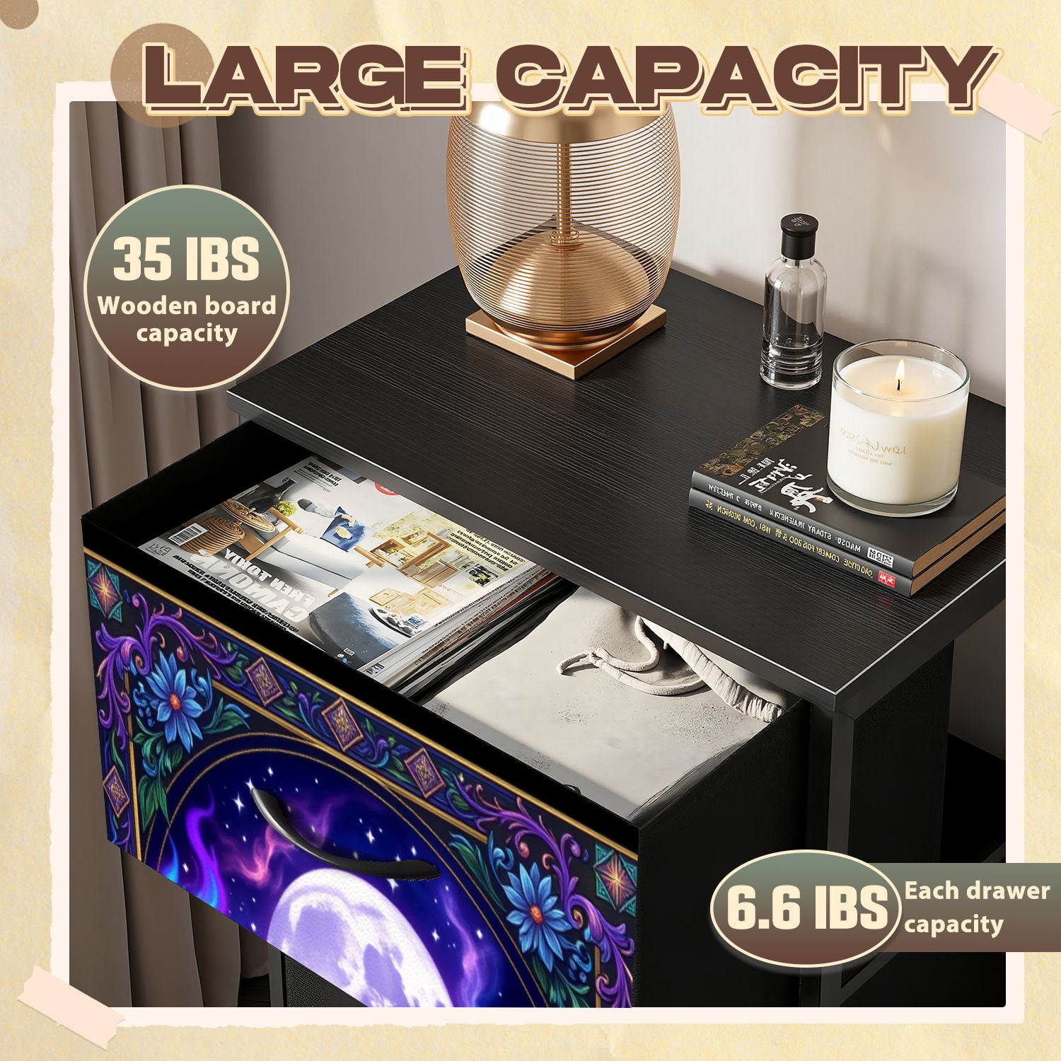 Gothic Dresser for Bedroom with 4 Storage Drawers Majestic Red Dragon Purple Fire Full Moon Ornate Floral Frame Dressers Chest of Drawers Steel Framed Fabric Closet Organizers for Dorm Entryway
