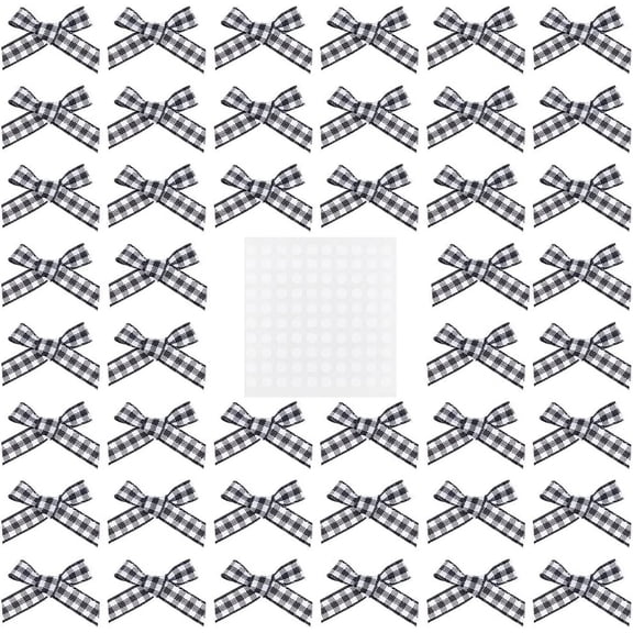 140 Pcs Mini Gingham Ribbon Bows with 200 pcs Stickers(Black White) Checkered Ribbon Bows for DIY Craft Ties Appliques for Sewing Gift Wrapping Scrapbooking and Hair Decoration Black