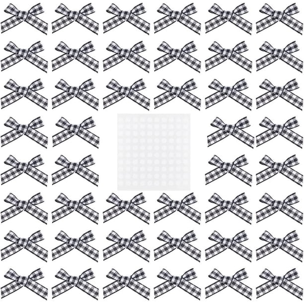 140 mini lazos de cinta de cuadros vichy con 200 pegatinas (blanco y negro). Lazos de cinta a cuadros para manualidades, lazos y apliques.