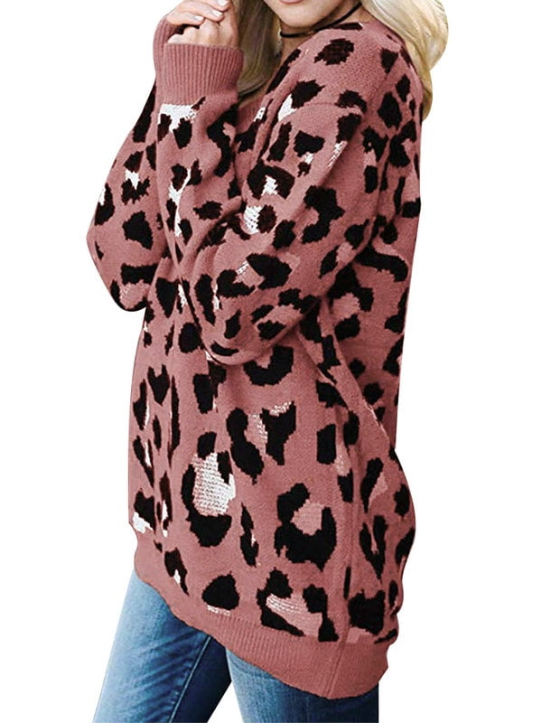 Joinnvt Women's Leopard Print Long Sleeve V Neck Sweater