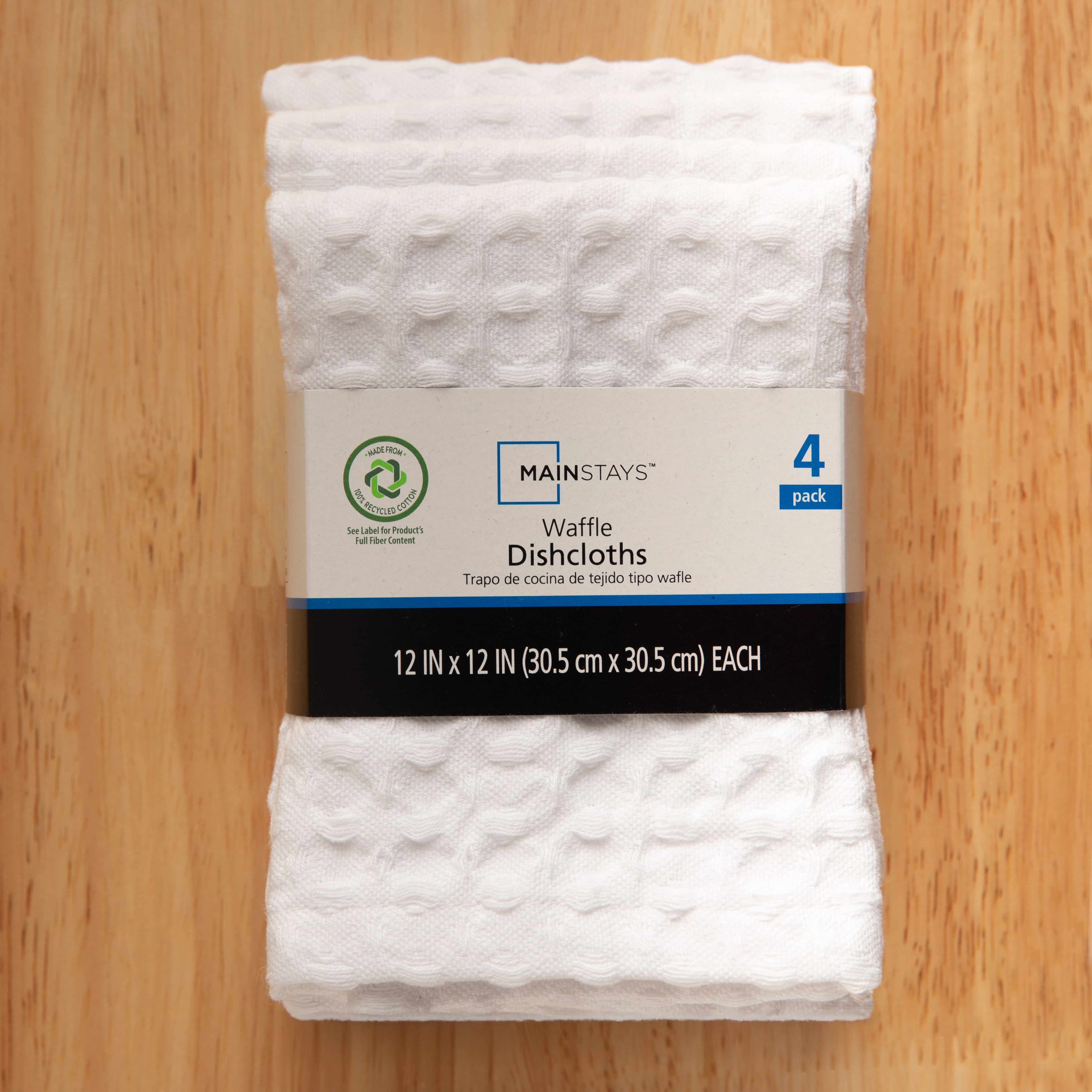 Mainstays Recycled Cotton Waffle Weave 4 Pack Dishcloths, 12 in x 12 in, White