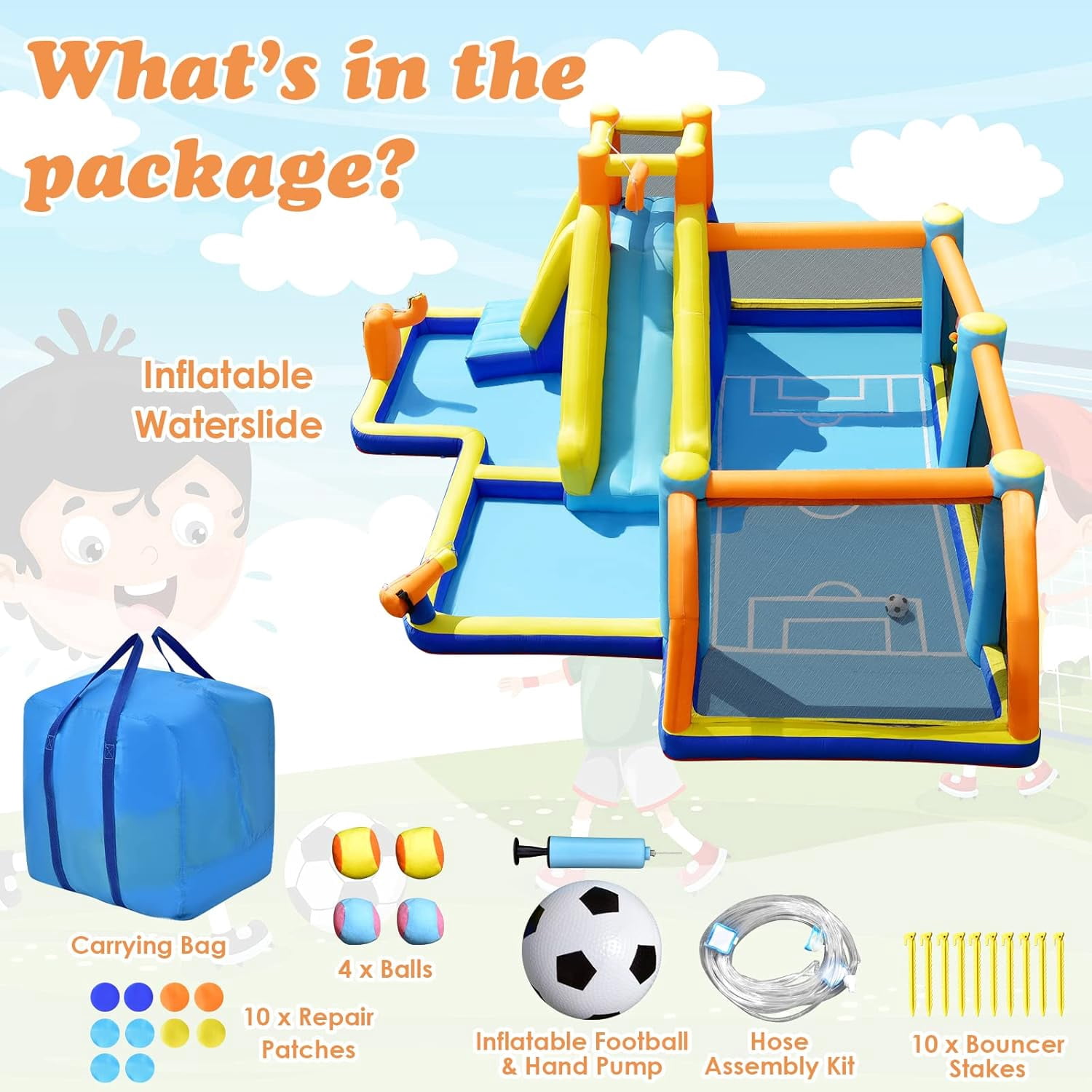 OLAKIDS Inflatable Water Slide, 8 in 1 Bounce House Water Park with Soccer Goals Splash Pool Climbing Wall Water BlasterTarget Game, Outdoor Inflatable Obstacle Course for Kids Backyard (with Blower)